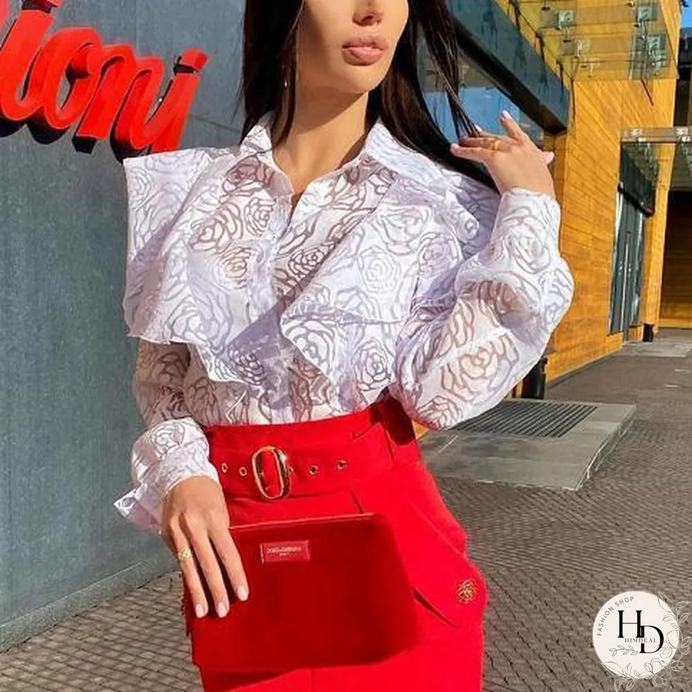 Lapel Plain Ruffled Long Sleeve Shirt