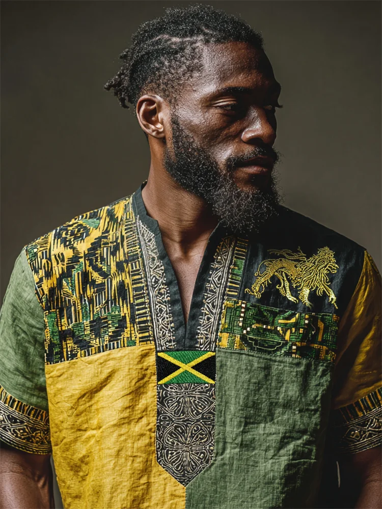 VChics Men's Reggae Lion Jamaica Flag Embroidered Kente Patchwork Linen Shirt