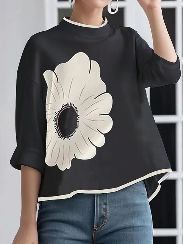 A-line High-low Flower Print Mock Neck T-Shirts Tops