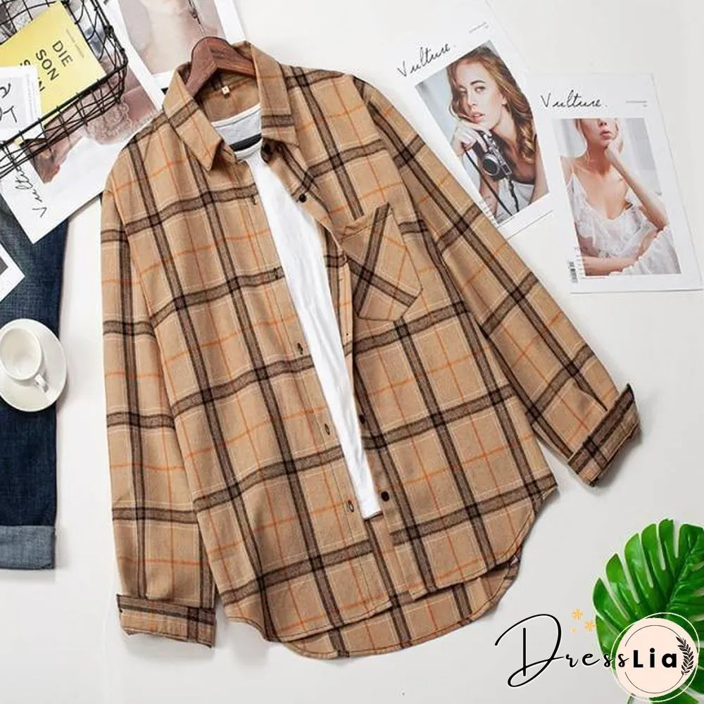 Plaid Shirts Womens Blouses Long Sleeve Lady Checked Tops Loose Female Outwear Casual