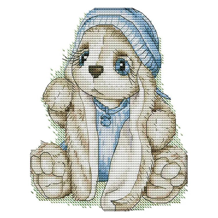 Cartoon Blue Hat Rabbit 14CT Printed Cross Stitch Kits (20*17CM) fgoby