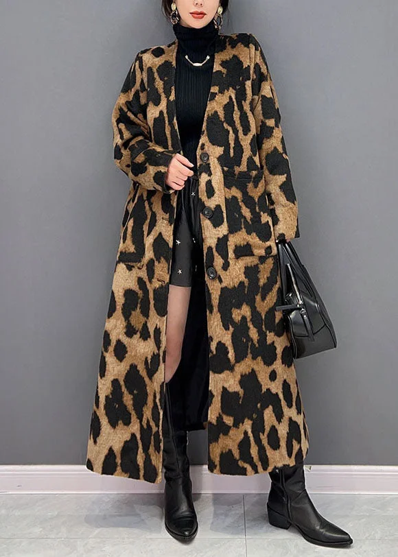 Vogue Coffee V Neck Oversized Leopard Print Ma Hai mao Long Coat Winter