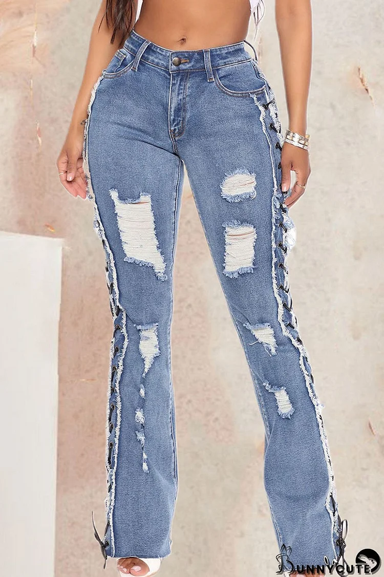 Baby Blue Sexy Solid Ripped Hollowed Out Patchwork High Waist Denim Jeans