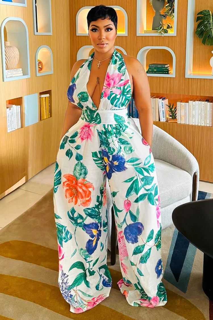 Deep V Halter Neck Floral Print Vacay Wide Leg Jumpsuit-White [Pre Order]
