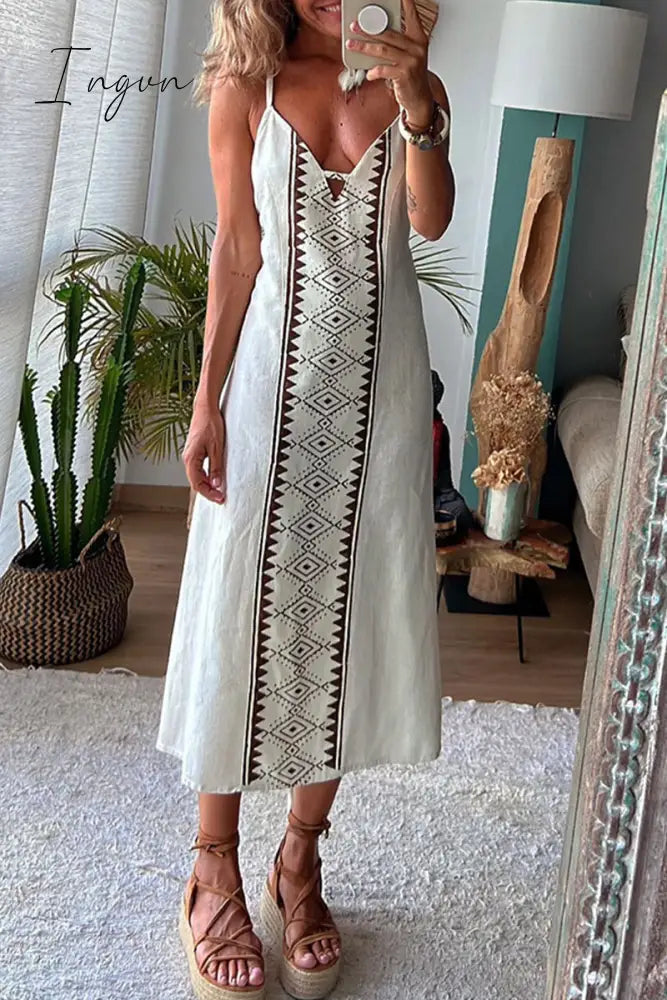 Ingvn - Sexy Print Frenulum Backless V Neck Dresses Cream White / S Dresses/Casual