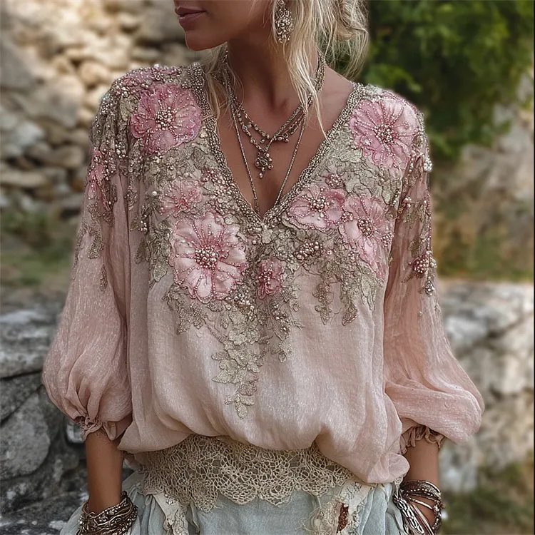 Vintage Pink Floral Glitter Beaded Flowy Linen Tunic