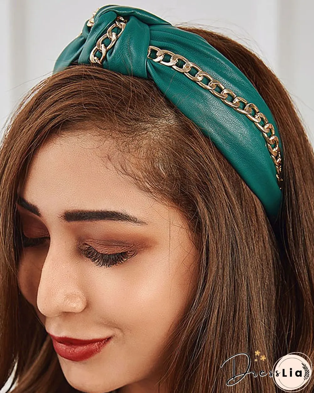 Chain Decor Twisted Wide Headband PU Leather Hair Accessory