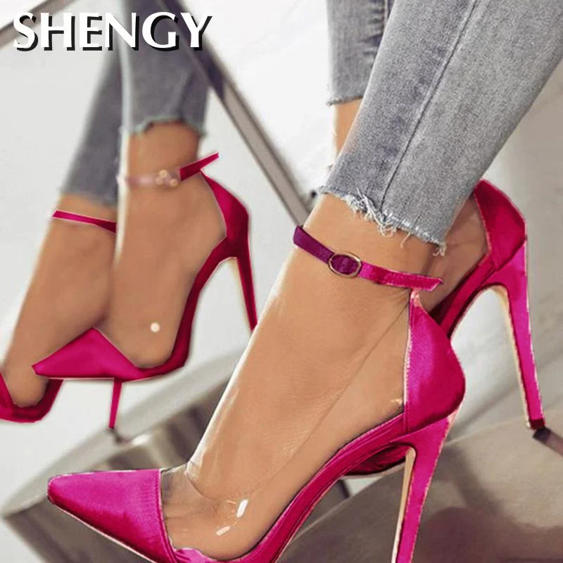 Women's High-heeled Shoes New Toe Monochrome Belt Buckle Fashion Single Shoes Pink Black Apricot Size 34 And 43