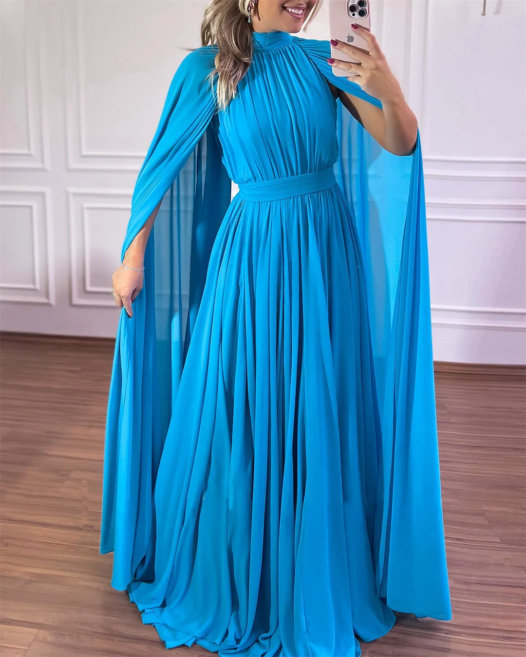 Women's Blue Shawl Pure Color Chiffon Dress