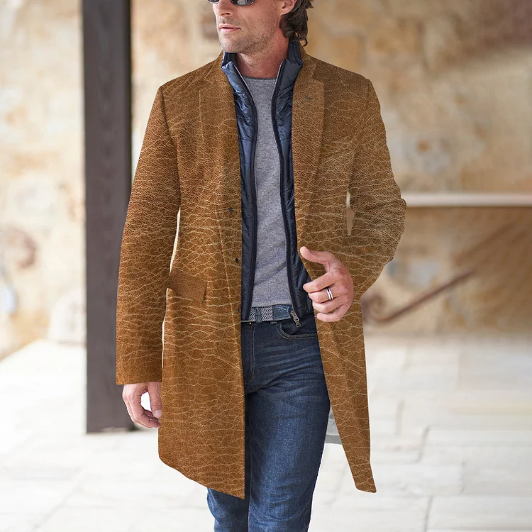 Comstylish Men's Retro Distressed Leather Grain Mid Length Coat