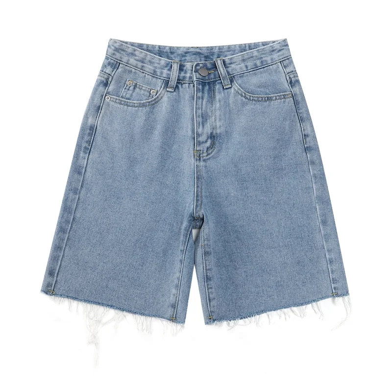 Bornladies Women Short Jeans Summer Streetwear High Waist Half Length Denim Trousers Casual Vintage Baggy Straight Short Pants