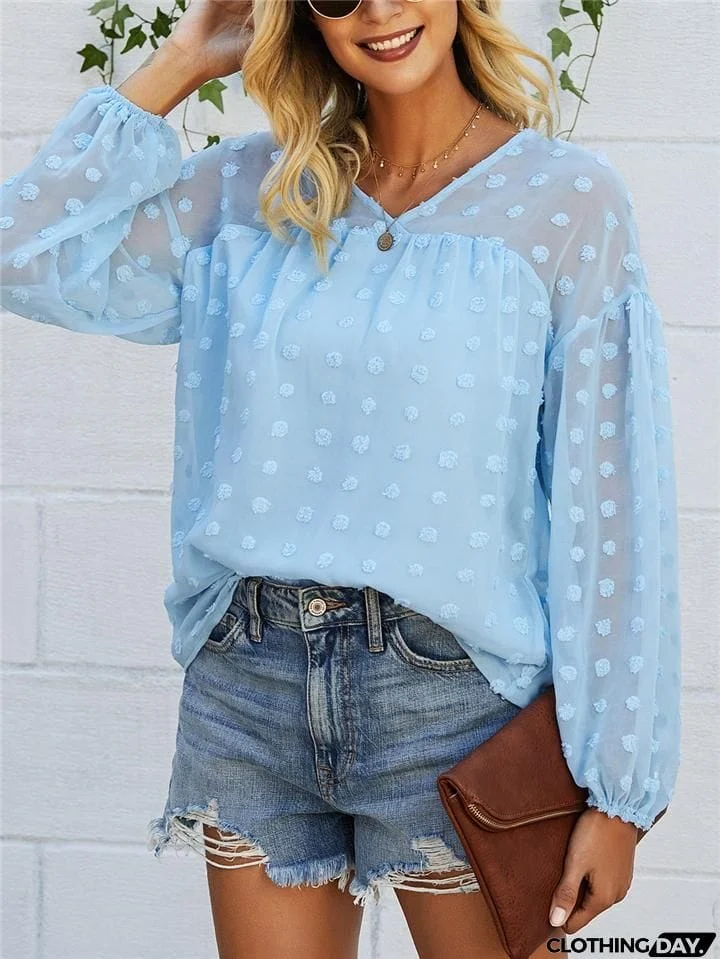 Relaxed Fit Oversized V Neck Semi Sheer Long Sleeve Swiss Dot Lightweight Blouse