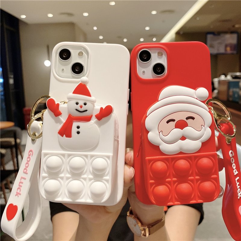 2022 New Cute Christmas  Stress-Relief Wallet Soft Silicone Case with Lanyard for iPhone
