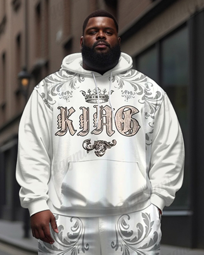 Big Men's Street Fashion Vintage Pattern King Letter Print Hoodie Set