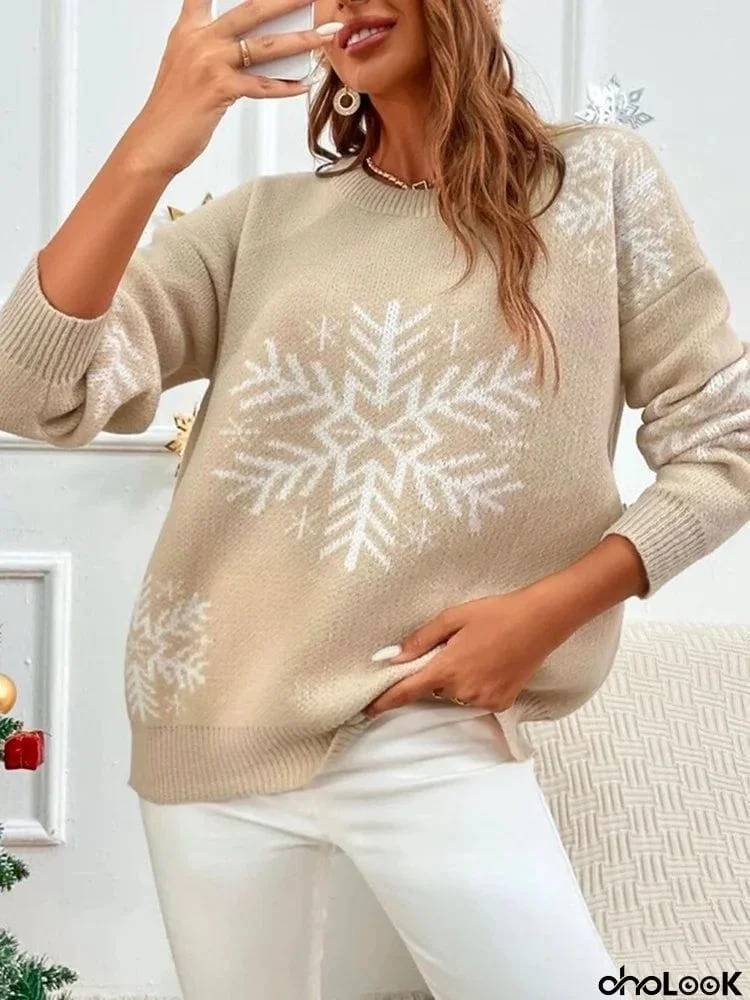 Festival Long Sleeves Snowflake Crochet Round-Neck Sweater Tops