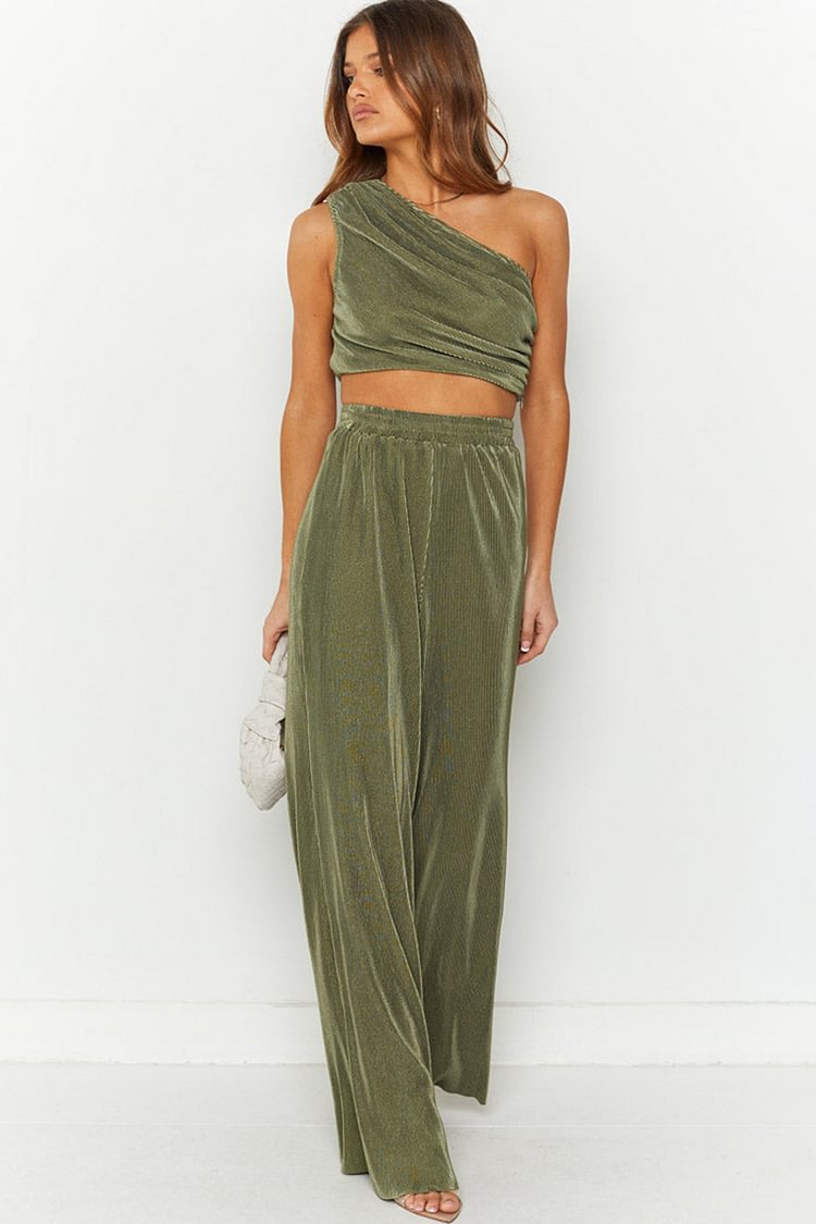 One Shoulder Ruched Crop Top Wide Leg 2pcs Pants Set 