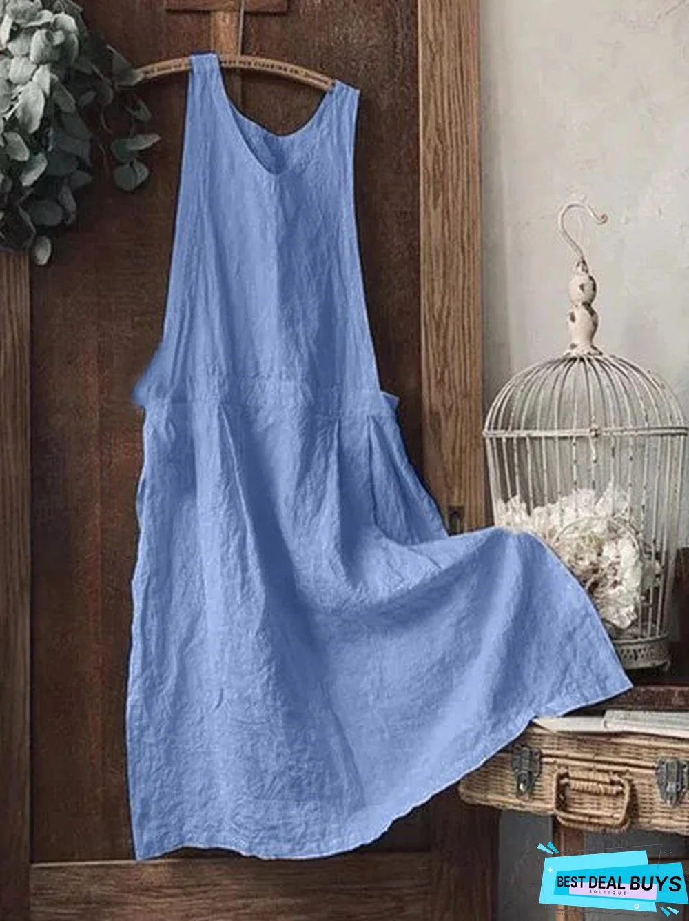 Women Vintage Plain Sleeveless Plus Size Casual Maxi Weaving Dress