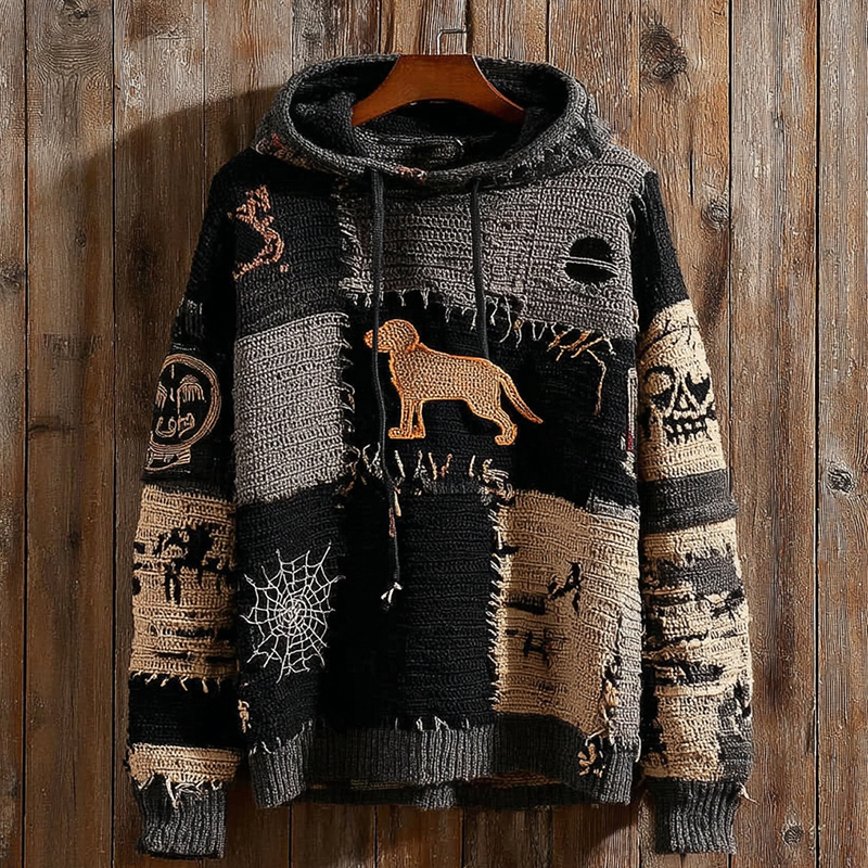 Vintage Halloween Loyal Dog Horror Spider Web Skull Cozy Knitted Hooded Sweater elevenforest