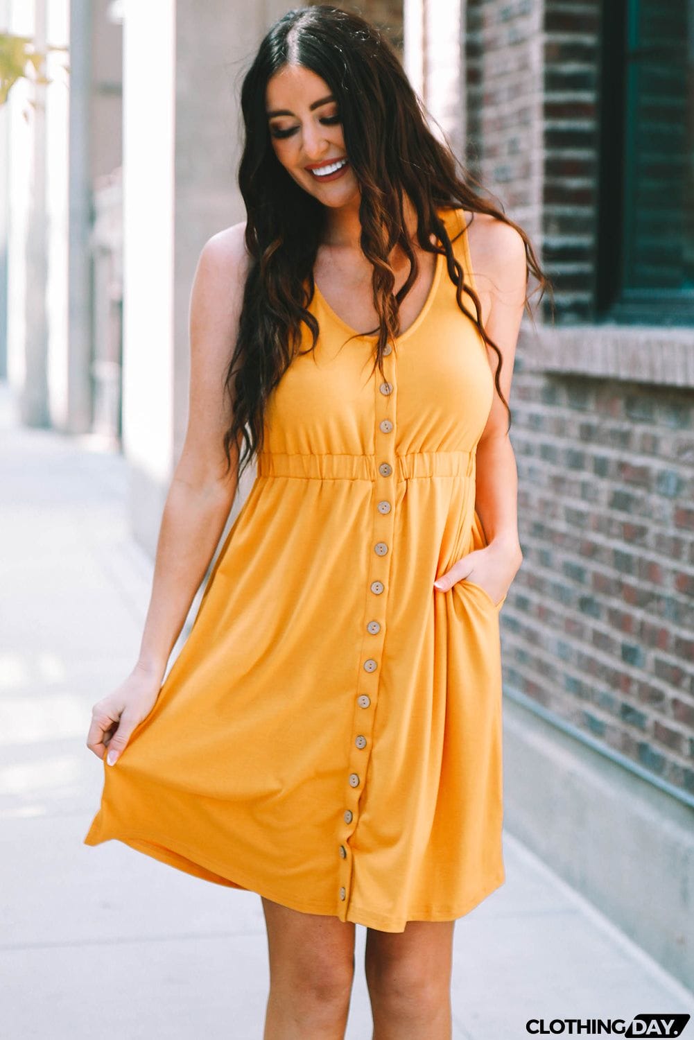 Buttons Sleeveless High Waist Mini Dress