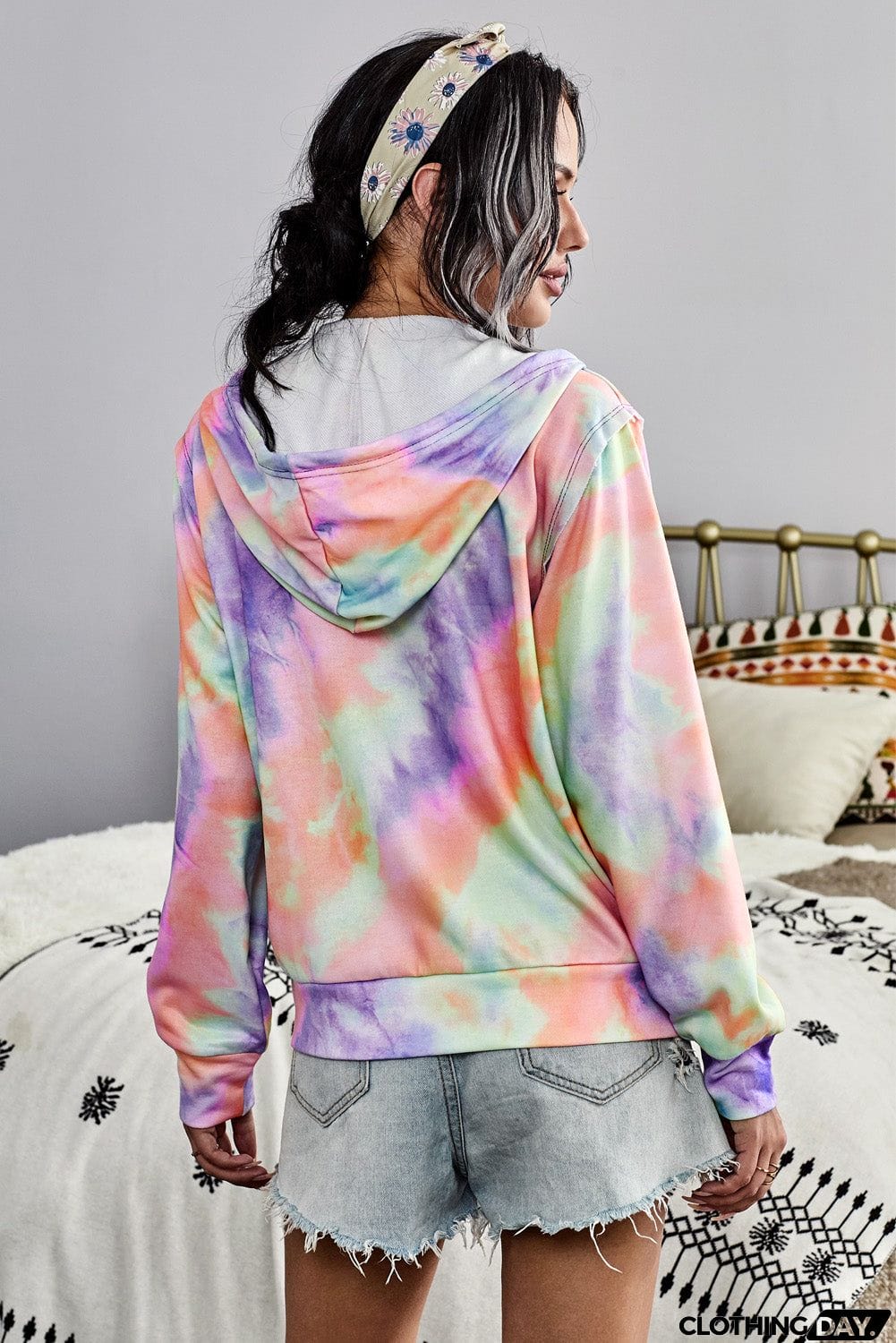 Women Multicolor Tie-dye Pocket Zip Up Hoodie