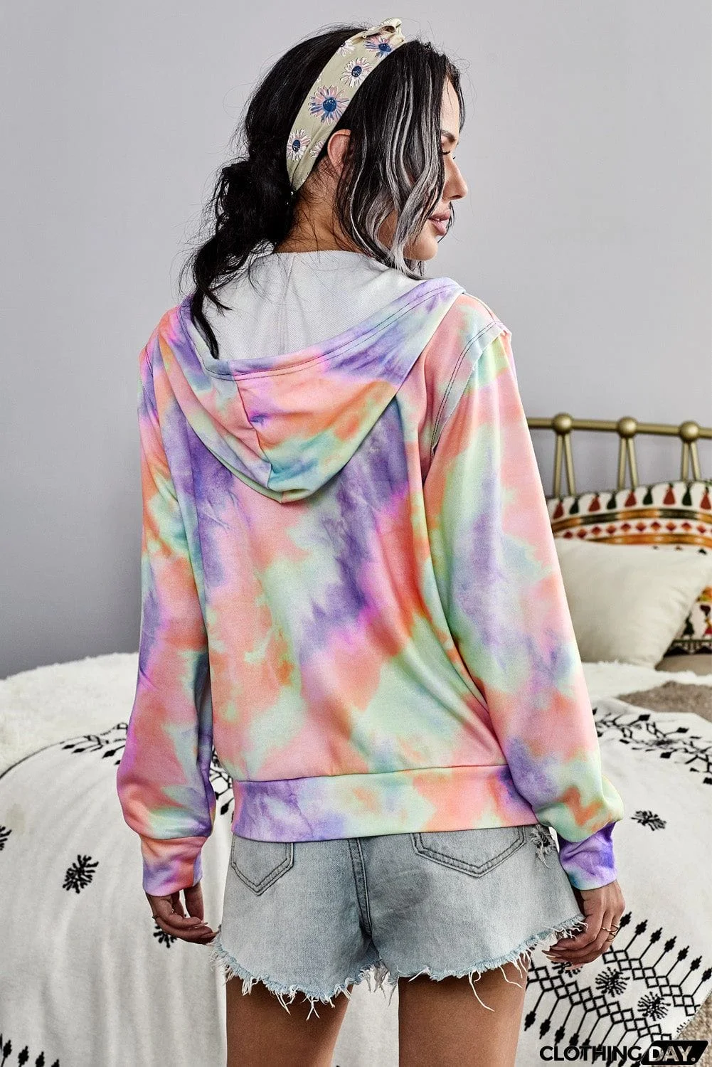 Women Multicolor Tie-dye Pocket Zip Up Hoodie