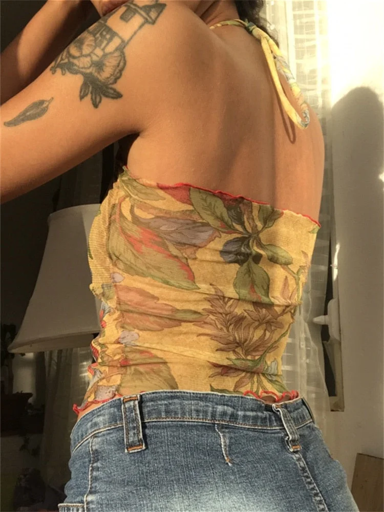 Rapcopter Floral y2k Crop Top Mesh See Through Sexy Corset Top Frill Cross Halter Sweats Female Summer Party Clubwear Cute Vests