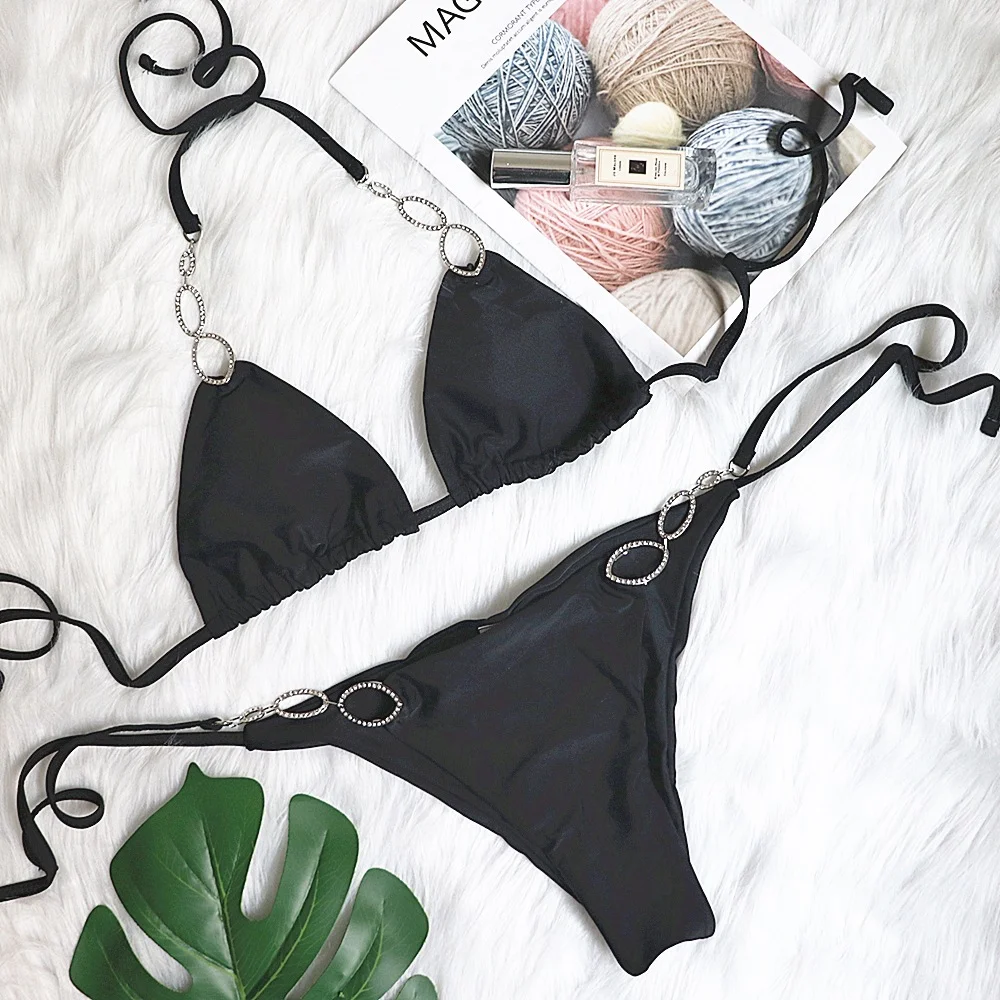 Uveng Uveng 2023 New Sexy Metal Accessories Rhinestone Women's Split Swimsuit Plain Strap Swimsuit