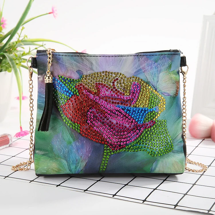 DIY Rose flower shaped diamond painting one-shoulder chain lady bag