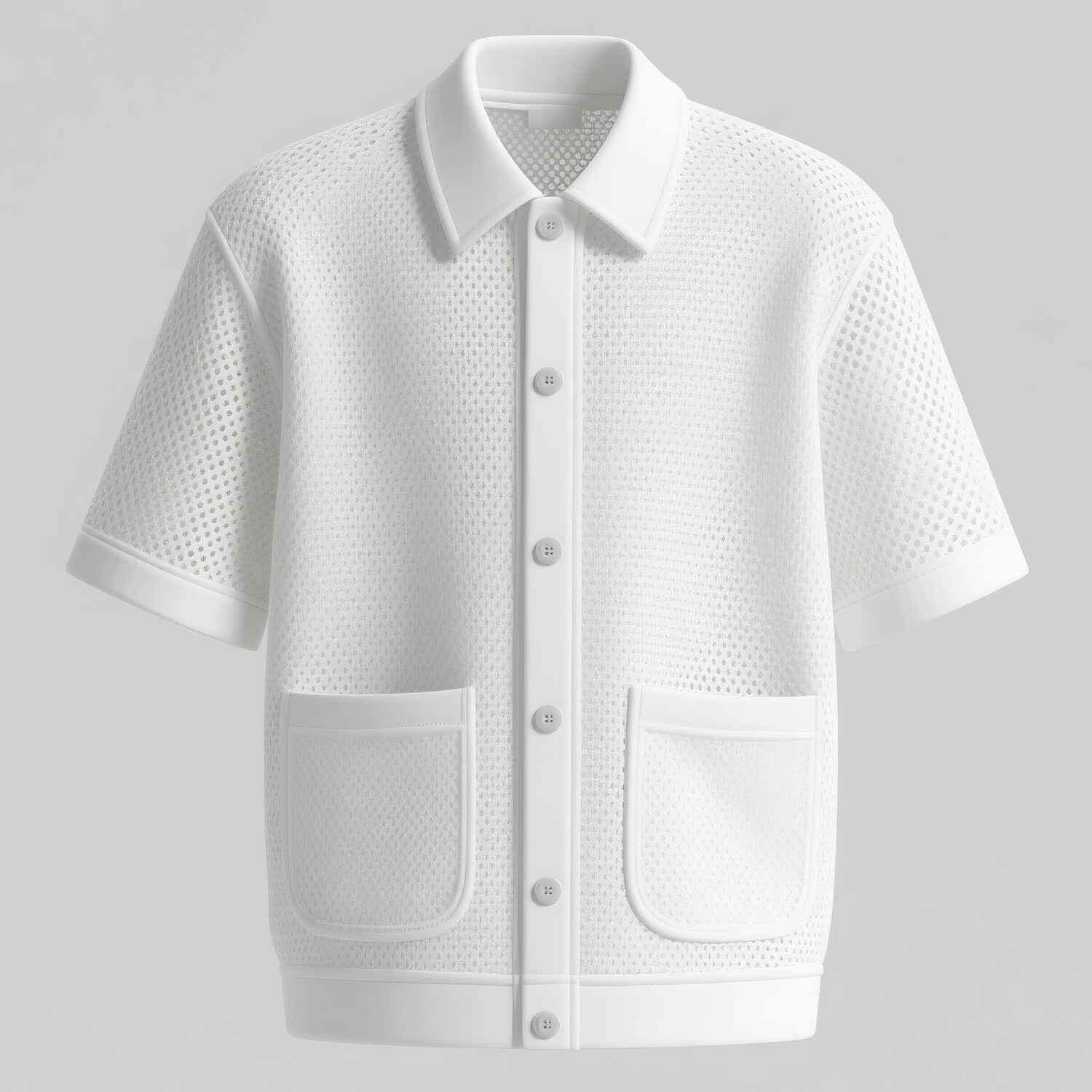 Men's Hollow Mesh Knit Turndown Collar Short Sleeve Patch Pocket Shirt
