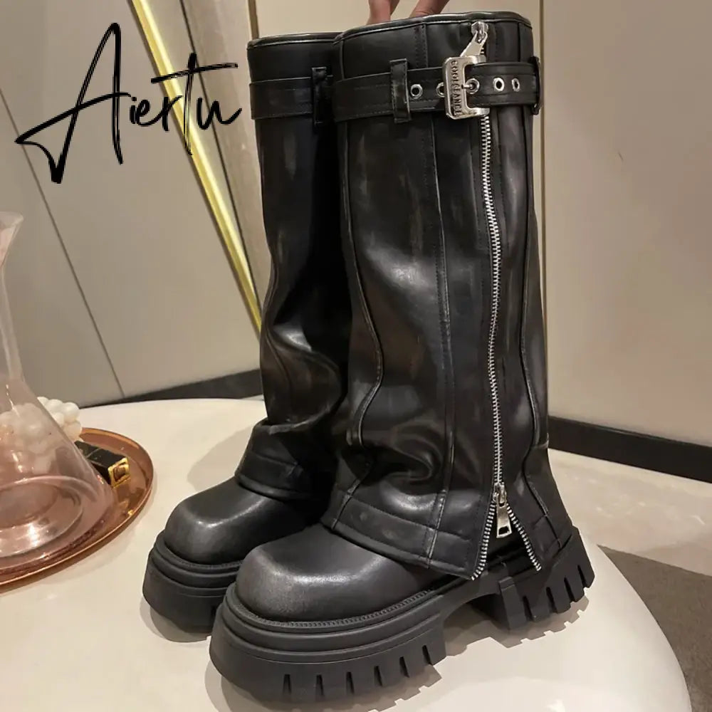 Brand Desinger Knight Women Mid Calf Boots Chunky High Heeled Platform Punk Motorcycle Long Booties Goth Street Shoes For Women Aiertu