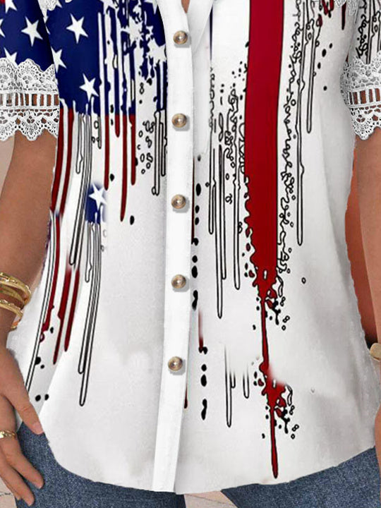 Women Short Sleeve V-neck Striped Star Printed Graphic Lace Hollow Stitching Button Tops