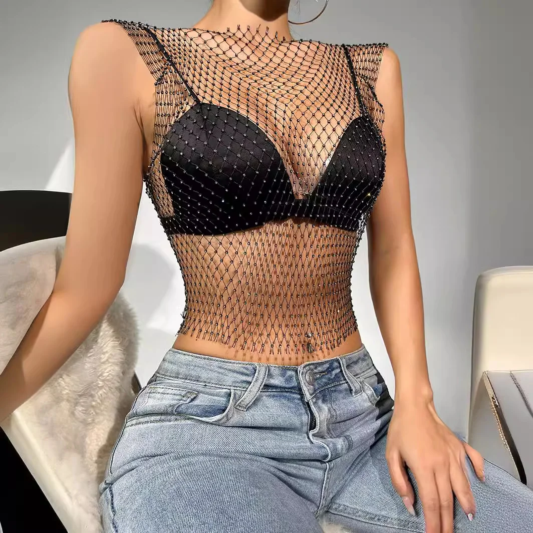 Uveng Uveng Nightclub Dresses Fishnet Hollow Out Rhinestone Vest Mesh Flash Diamond Sling Top Female