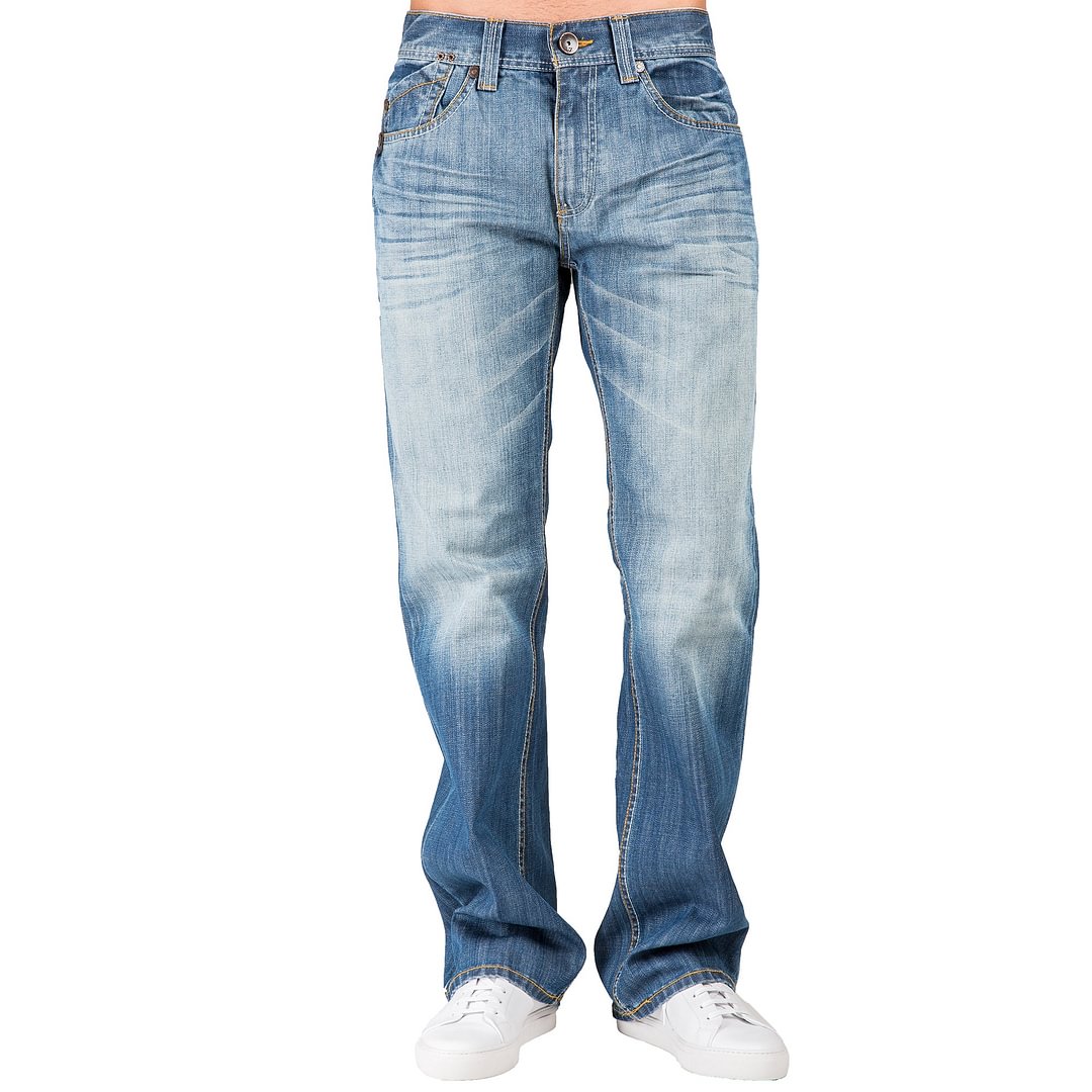 Midrise Relaxed Bootcut Blue Boy Wash Premium Denim Jeans Whiskering Hand Sanded