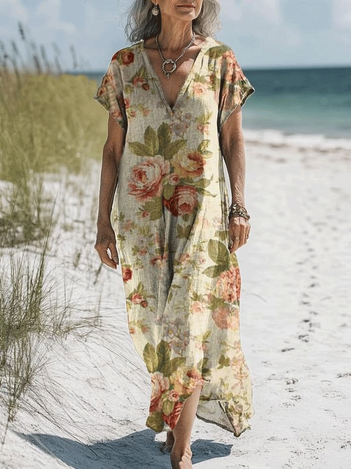 Women's Vintage Lovely Floral Art Print Pocket Cotton Dress