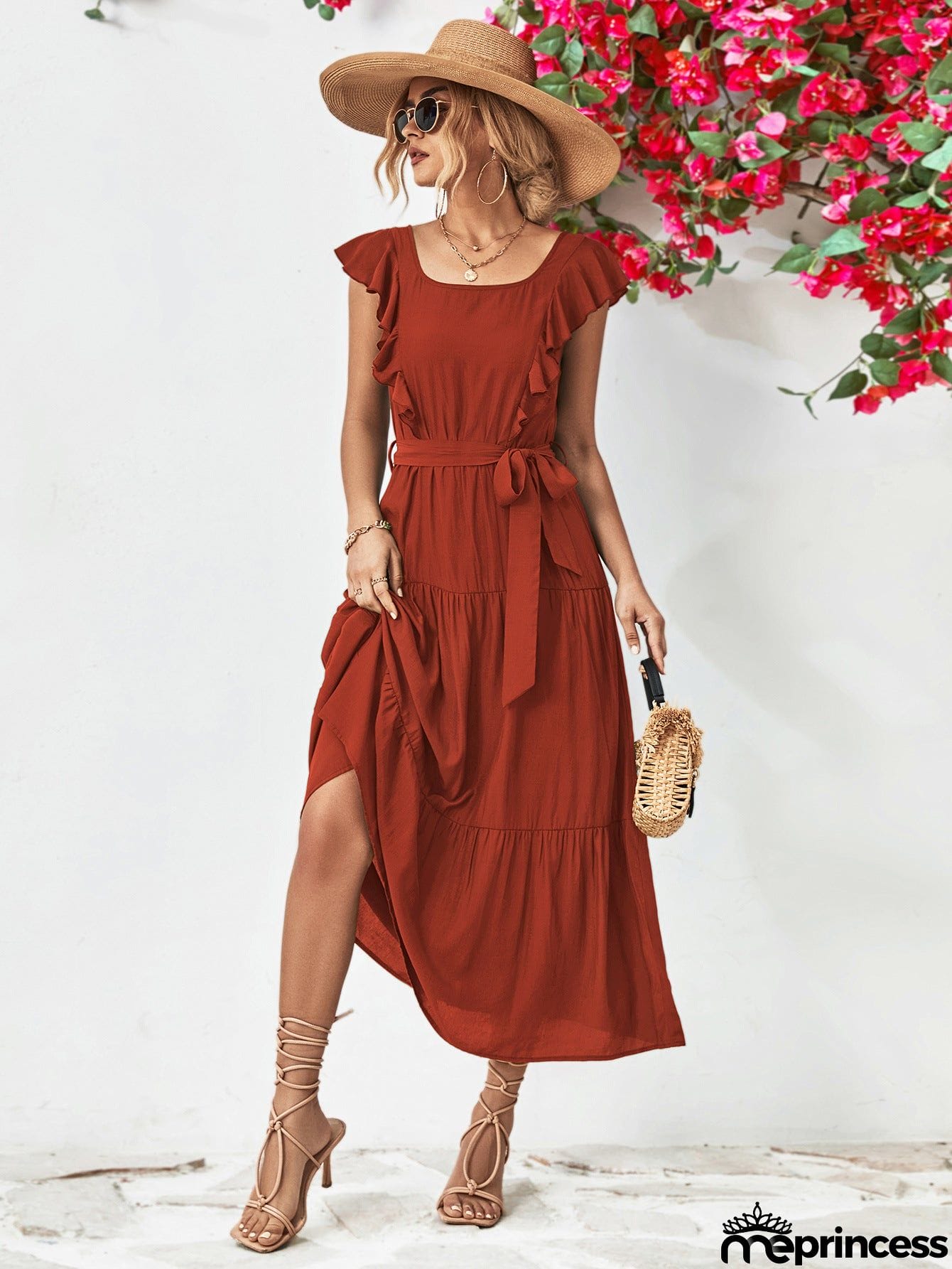 Tie Belt Ruffled Tiered Dress