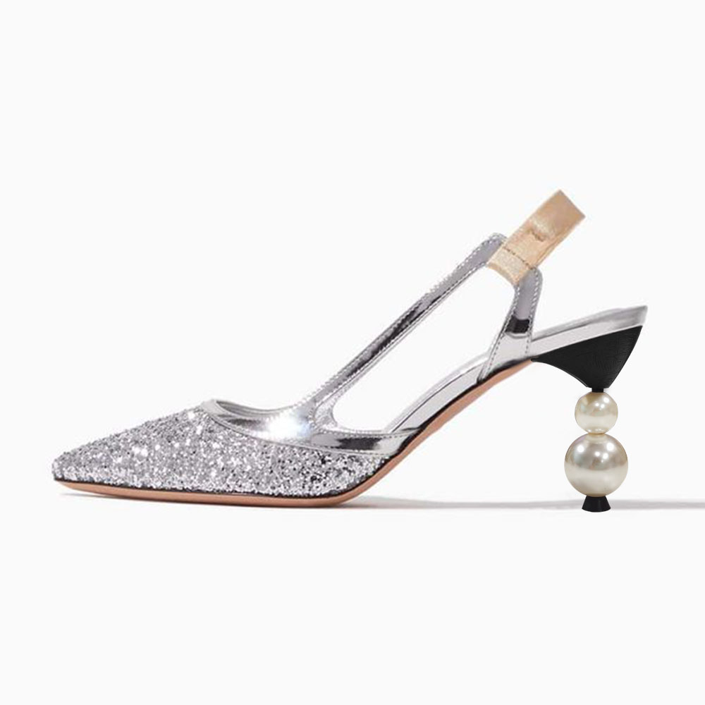 Silver Glitter Pointed Toe 3'' Decorative Heel Slingback Pumps Nicepairs