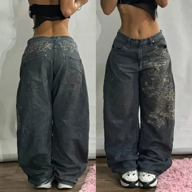Aonga Y2K New Embroidered Jeans Retro Harajuku Oversize Casual Pants Men's and Women's Street Hip Hop Punk High Waist Wide Leg Pants aonga