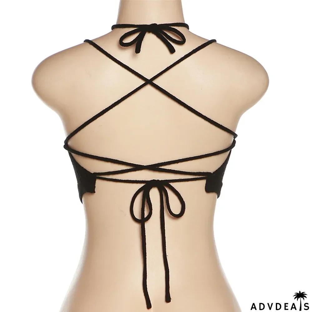Summer Women Sexy Backless Sleeveless Crop Fringed Lace-Up Slim Top