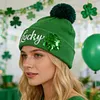St Patricks Day Hat Sequins Lucky Pom Beanie Hats Green Knit Winter Hat for Irish-Themed Events