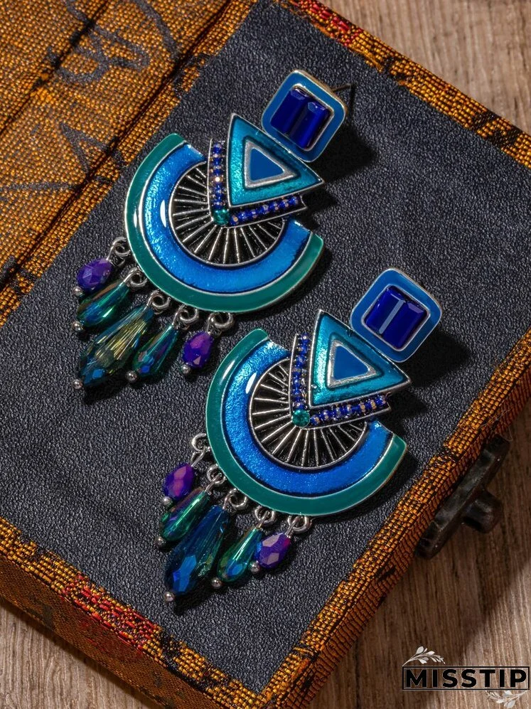 Rhinestone & Bead Decor Geometric Drop Earrings