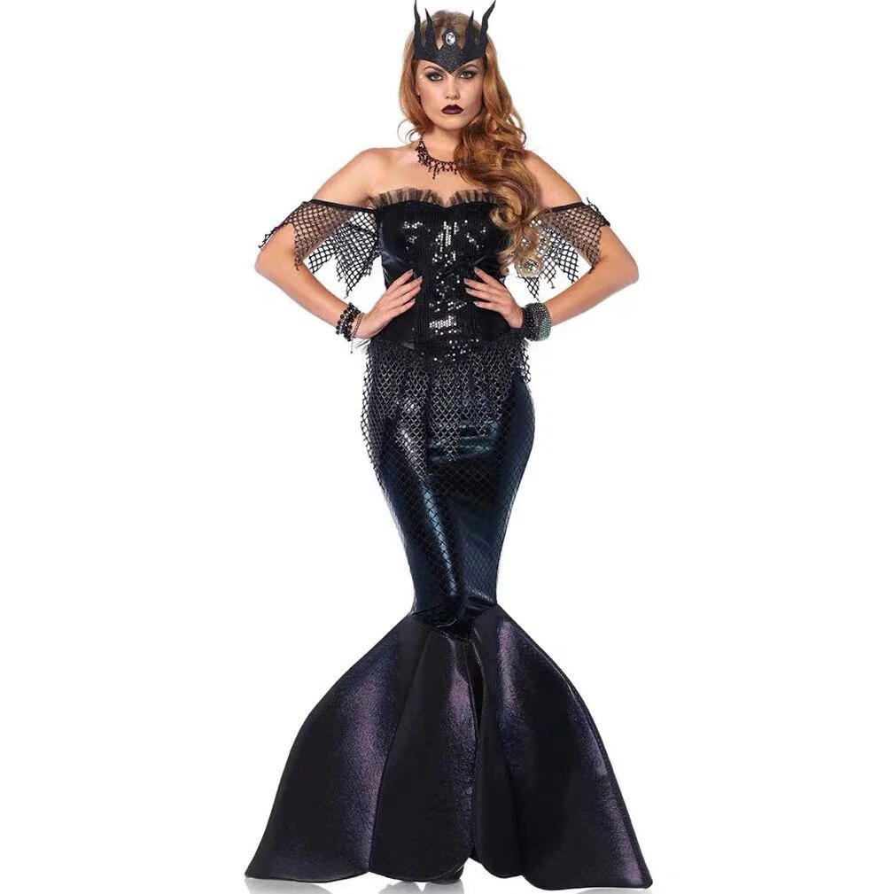 [Wetrose] In Stock Black Mermaid Cosplay Costume Devil Fish Queen Dress Bodysuit Evil Purple Halloween Full Set