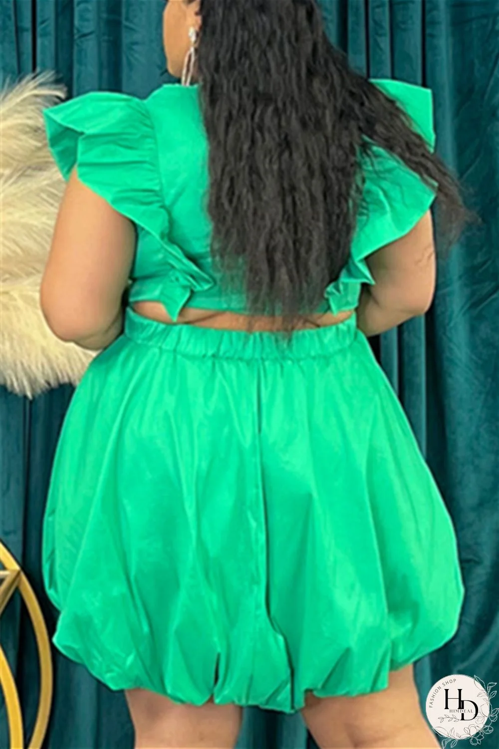 Black Plus Size Casual Sweet Solid Hollowed Out Flounce V Neck Bud