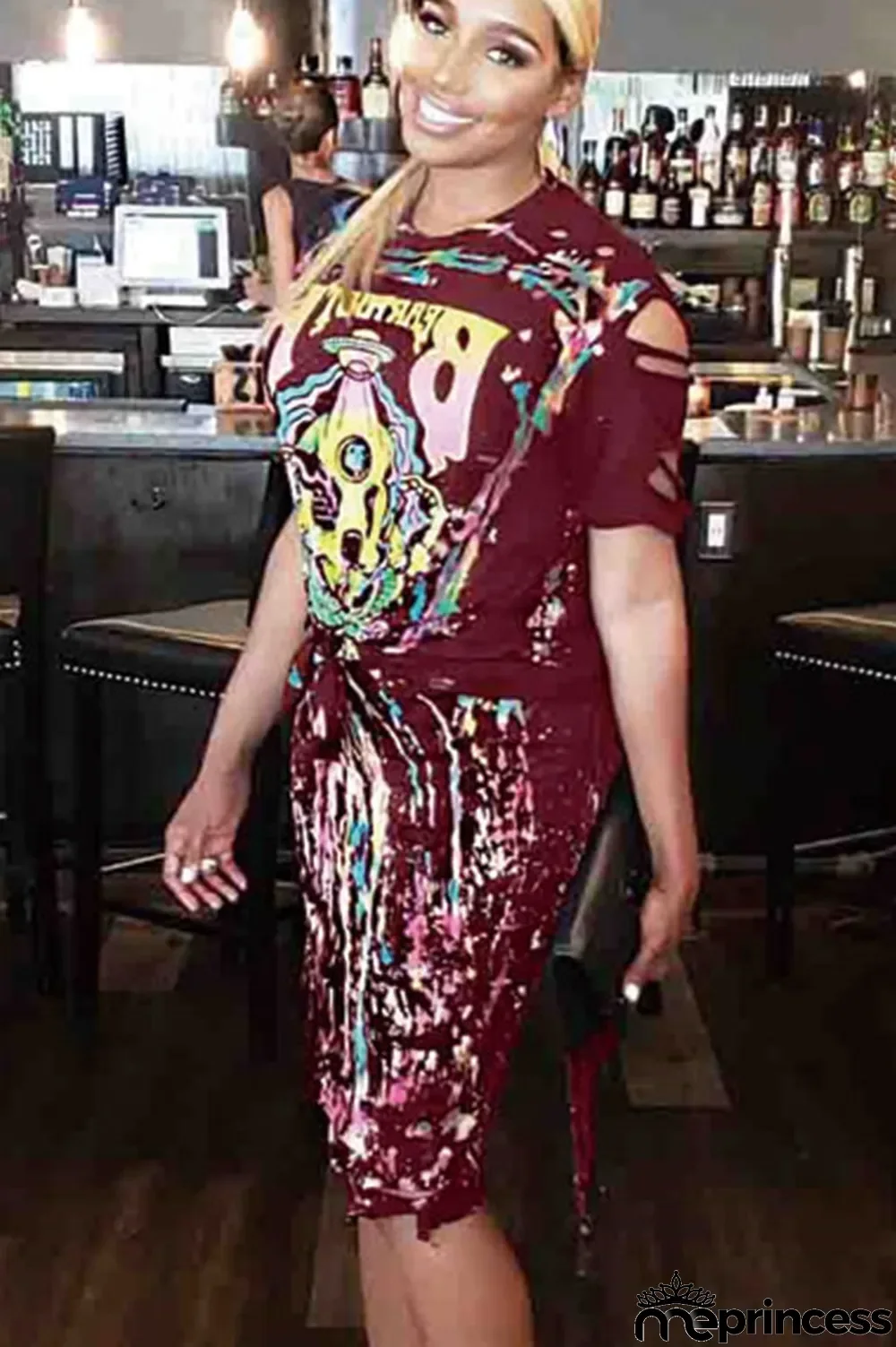 Wine Red Polyester Fashion Sexy Print Patchwork Regular Two-Piece Dress
