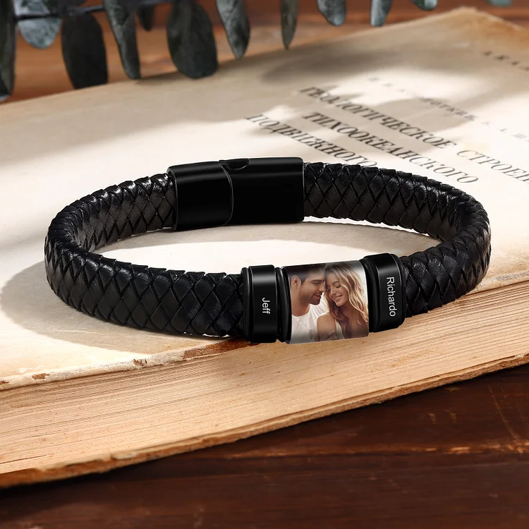 2 Names Personalized Customized Photo Stainless Steel Leather Bracelet Engraved Name Men's Bracelet Gift for Dad