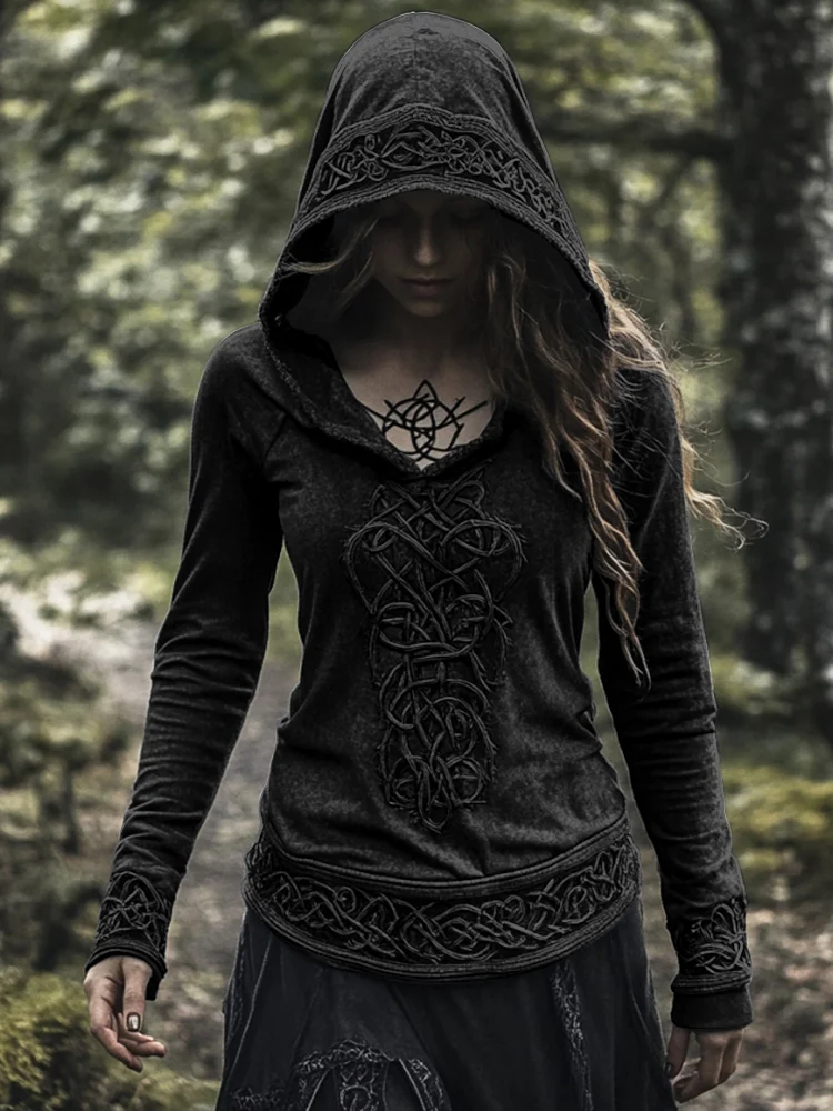 VChics Women's Viking Jacquard Celtic Knot Art Hooded T-shirt