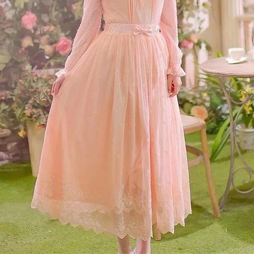 S/M/L Light Orange Sweet Lace Embroidery Long Skirt SP165137