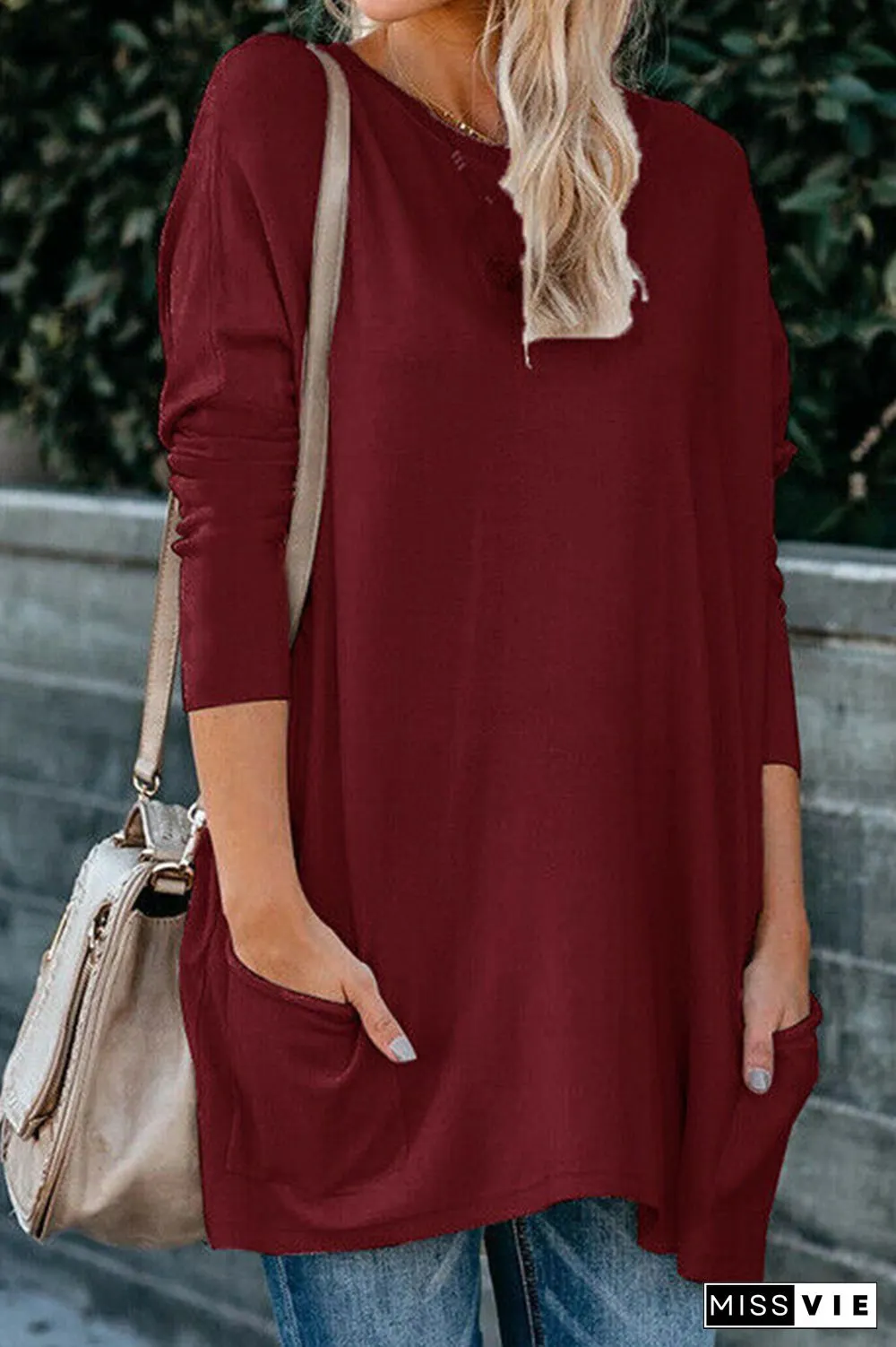 Casual Solid Split Joint Pocket O Neck Tops（13 colors）