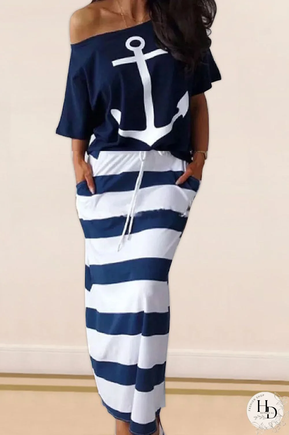 White and blue Polyester England Striped Geometric Letter Print bow-knot pencil Half Sleeve Two Pieces