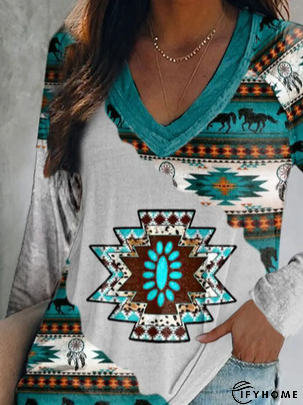 V Neck Geometric Cotton Loose Tunic T-Shirt | IFYHOME