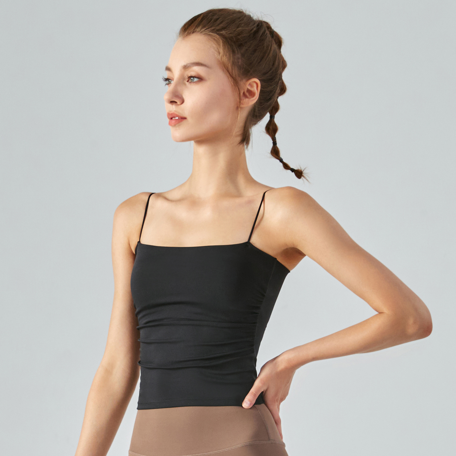Buy Black different colors and types of women's high support ruched sides square neck nature skin friendly soft running vest with built in removable pads on Hergymclothing